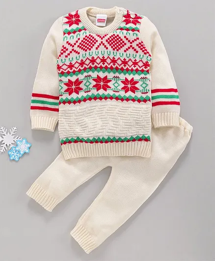Babyhug Full Sleeves Sweater & Pajama Floral Design - White Red
