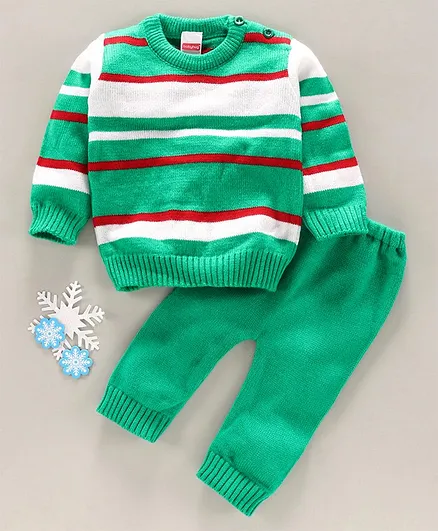 Babyhug Full Sleeves Striped Sweater & Pajama Set - Green