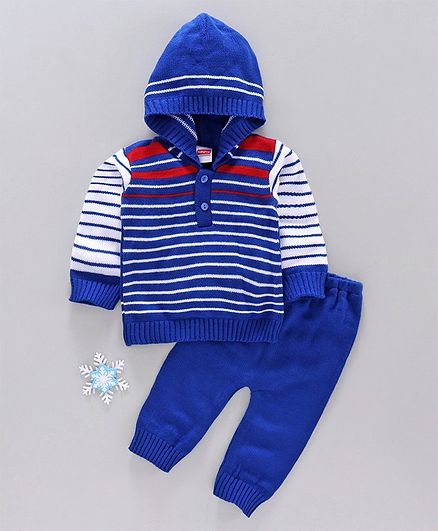 Babyhug Full Sleeves Striped Hooded Sweater & Pajama Set - Blue