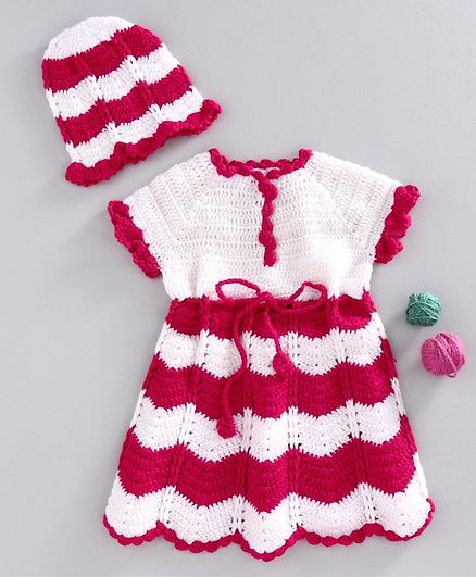 Babyhug Full Sleeves Handmade Dress with Cap - White Red