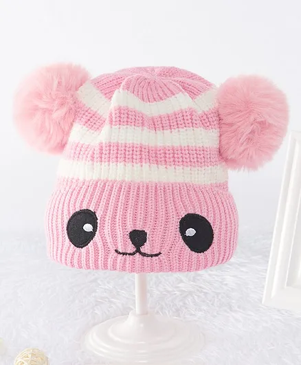 Babyhug Woollen Cap Bear Design Pink - Diameter 13 cm