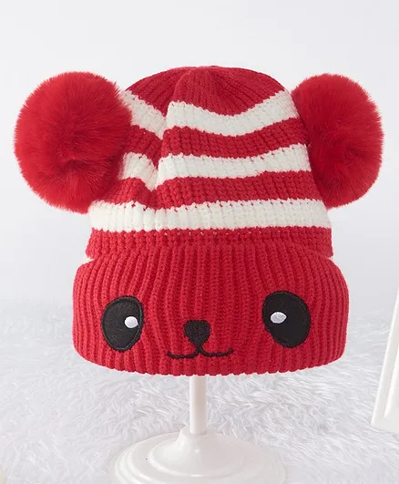 Babyhug Woollen Cap Bear Design Red - Diameter 13 cm