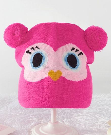 Babyhug Woollen Cap Owl Design Pink - Diameter 13 cm