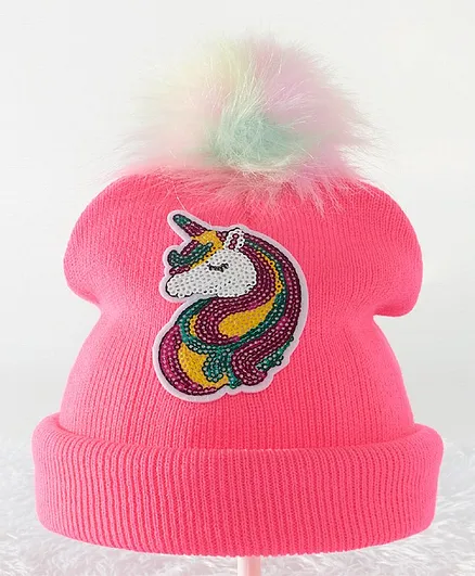 Babyhug Woollen Cap Unicorn Patch Pink - Diameter 11 cm