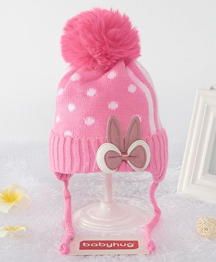 Babyhug Woollen Cap Bow Applique - Pink