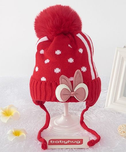 Babyhug Woollen Cap Bow Applique - Red