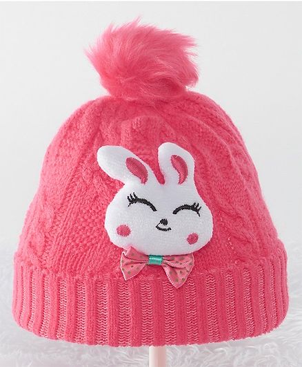 Babyhug Woolen Pom Pom Cap with Rabbit Patch - Pink