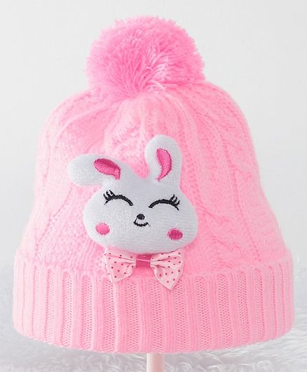 Babyhug Woolen Pom Pom Cap with Rabbit Patch - Light Pink