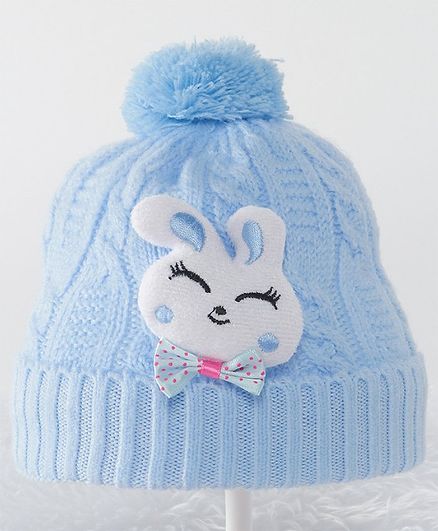 Babyhug Woolen Pom Pom Cap with Rabbit Patch - Blue