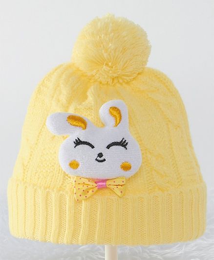 Babyhug Woolen Pom Pom Cap with Rabbit Patch - Yellow