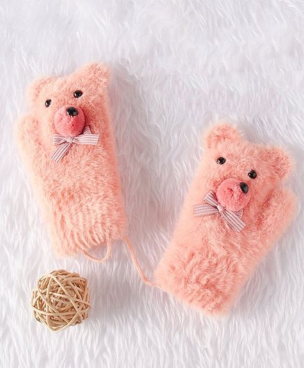 Babyhug Cotton Woolen Gloves Teddy Applique - Pink