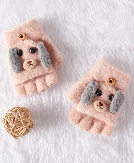Babyhug Cotton Woolen Gloves Dog Applique - Pink