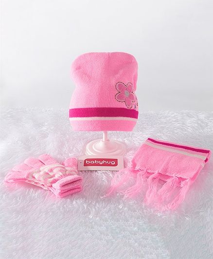 Babyhug Woollen Cap & Gloves With Muffler Floral Embroidery Pink - Diameter 12 cm