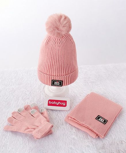 Babyhug Woollen Cap & Gloves With Muffler Pom Pom Detailing Pink - Diameter 12 cm