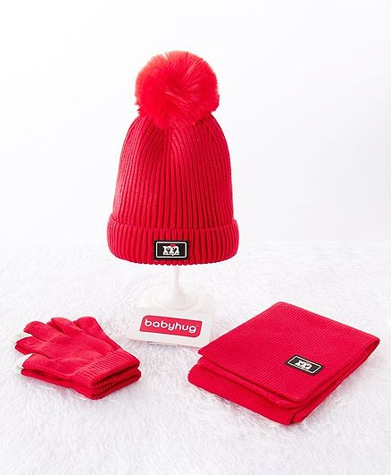 Babyhug Woollen Cap & Gloves With Muffler Pom Pom Detailing Red - Diameter 12 cm