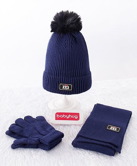 Babyhug Woollen Cap & Gloves With Muffler Pom Pom Detailing Navy Blue - Diameter 12 cm