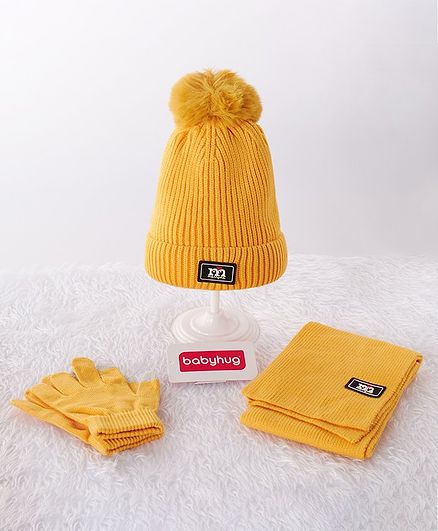 Babyhug Woollen Cap & Gloves With Muffler Pom Pom Detailing Yellow - Diameter 12 cm