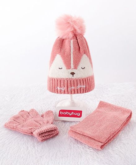 Babyhug Woollen Cap & Gloves With Muffler Fox Design Pink - Diameter 12 cm