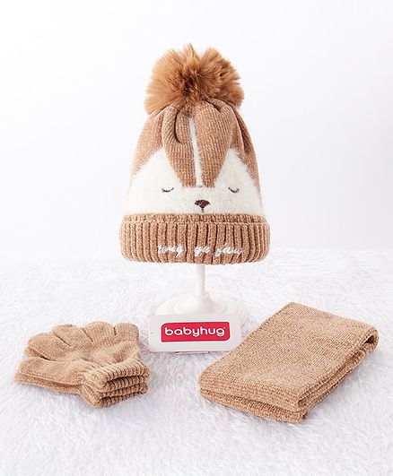 Babyhug Woollen Cap & Gloves With Muffler Fox Design Beige - Diameter 12 cm