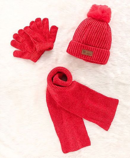 Babyhug Woollen Cap & Gloves With Muffler Pom Pom Detailing Red - Diameter 11.5 cm