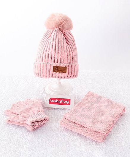 Babyhug Woolen Cap & Gloves With Muffler Pink - Diameter 12.5 cm