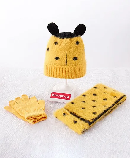 Babyhug Woolen Cap & Gloves With Muffler Yellow - Diameter 10 cm
