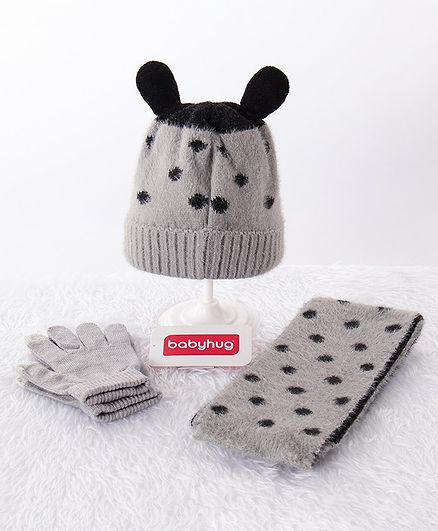 Babyhug Woolen Cap & Gloves With Muffler Grey - Diameter 10 cm