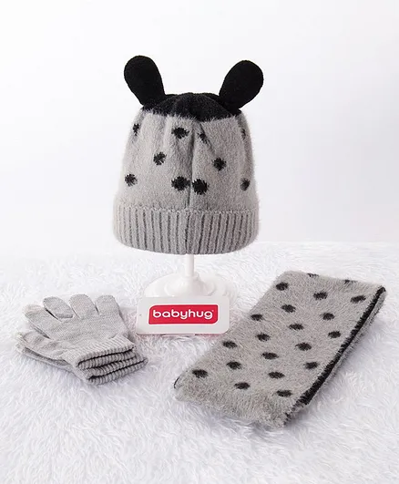 Babyhug Woolen Cap & Gloves With Muffler Grey - Diameter 10 cm