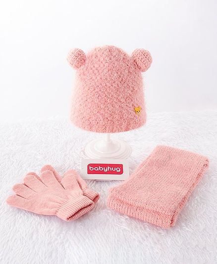 Babyhug Woolen Cap & Gloves With Muffler Pink - Diameter 10 cm