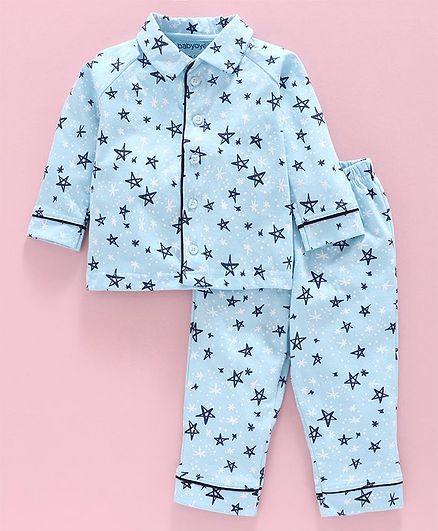 Babyoye Full Sleeves Night Suit Star Print - Blue