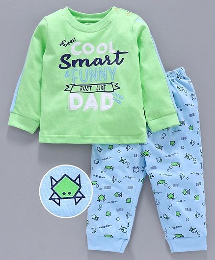 Babyoye Full Sleeves Night Suit Text Print - Blue Green