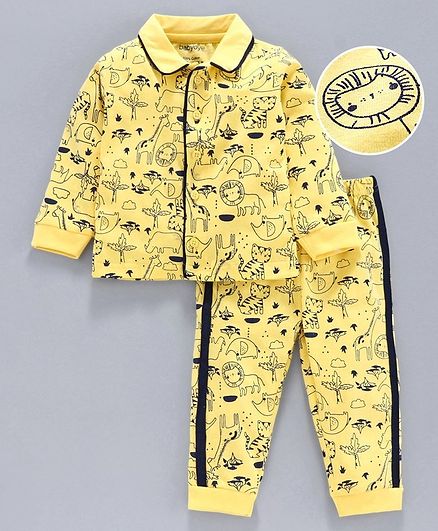 Babyoye Full Sleeves Winter Night Wear Animal Print - Yellow
