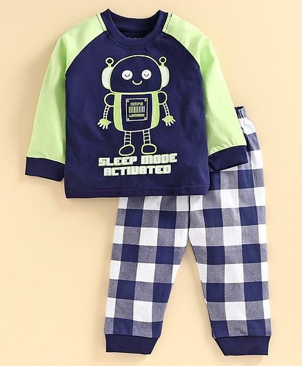 Babyoye Full Sleeves Night Suit Robo Print - Navy Blue