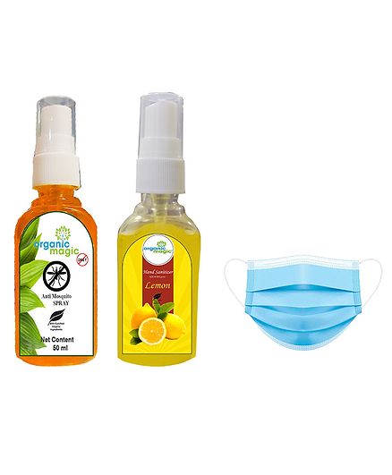 Organic Magic Anti Mosquito Spray and Hand Sanitizer Combo Set with Mask Pack of 3 - 50 ml Each