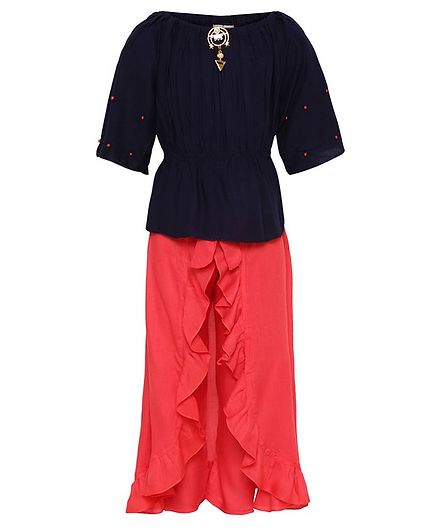 Aarika Three Fourth Sleeves Pearl Embellished Top With Pants - Blue & Pink