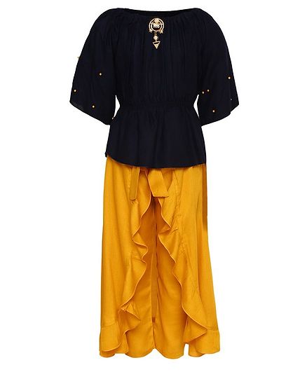 Aarika Three Fourth Sleeves Pearl Embellished Top With Pants - Yellow & Blue