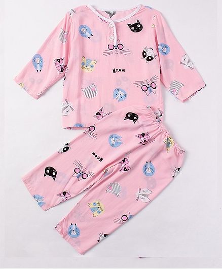 Kookie Kids Full Sleeves Night Suit Kitty Print - Pink