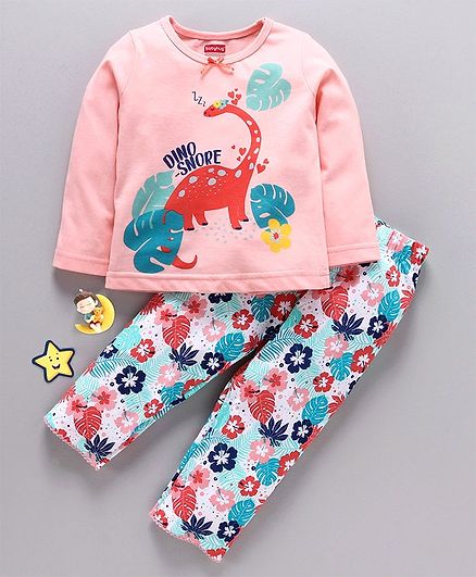 Babyhug Full Sleeves Night Suit Dino Print - Peach