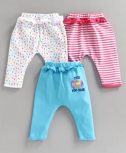 Babyhug Full Length Striped and Printed Diaper Leggings Pack of 3 - Blue Pink