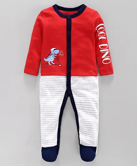 Babyoye Full Sleeves Cotton Footed Sleepsuit - Red White