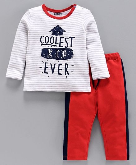 Babyoye Cotton Full Sleeves Stripe Tee & Lounge Pant Coolest Kid Ever Print - White Orange
