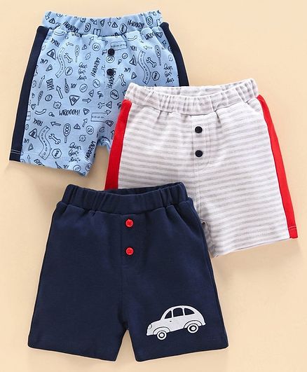 Babyoye Cotton Printed and Striped Shorts Pack of 3 - Blue Grey