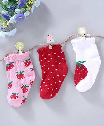 Cute Walk by Babyhug Non Terry Antibacterial Ankle Length Socks Strawberry & Polka Dot Design Pack of 3 - Red Pink White