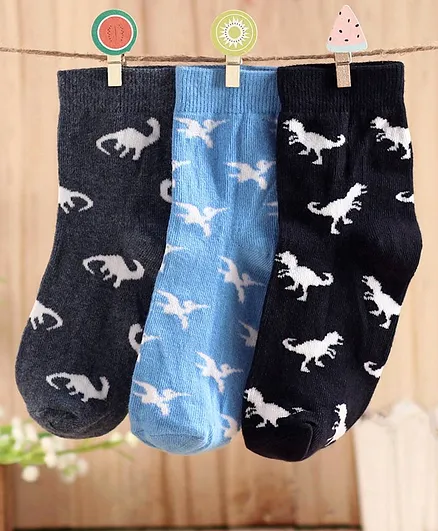 Cute Walk by Babyhug Anti Bacterial Ankle Length Sock Dinosaur Design Pack of 3 - Blue