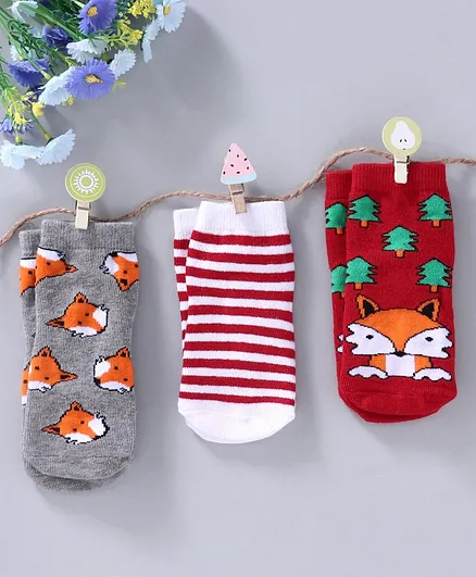 Cute Walk by Babyhug Non Terry Antibacterial Ankle Length Socks Striped & Fox Design Pack of 3 - Red Grey