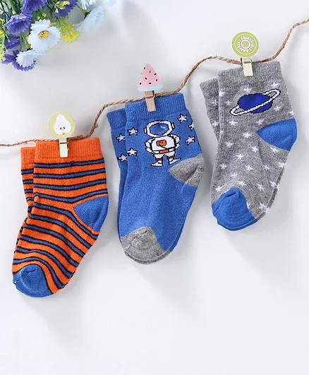 Cute Walk by Babyhug Anti-bacterial Stripes & Space Design Socks Set of 3 - Orange Blue Grey
