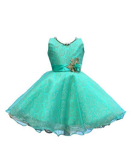 BownBee Sleeveless Flower Applique Flared Dress - Sea Green