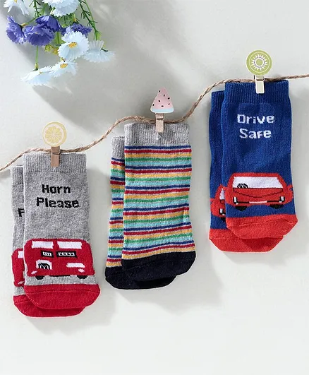 Cute Walk by Babyhug Ankle Length Anti Bacterial Socks Vehicle Design Pack of 3 - Blue Grey
