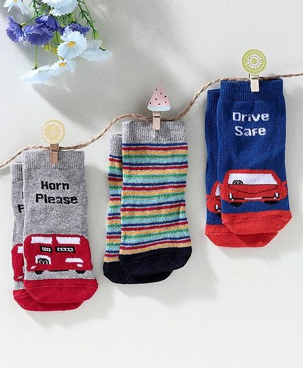 Cute Walk by Babyhug Ankle Length Anti Bacterial Socks Vehicle Design Pack of 3 - Blue Grey
