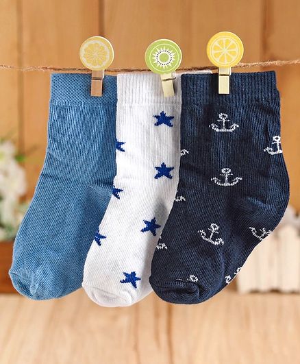 Cute Walk by Babyhug Anti Bacterial Ankle Length Socks Star & Anchor Design Pack of 3 - Blue White